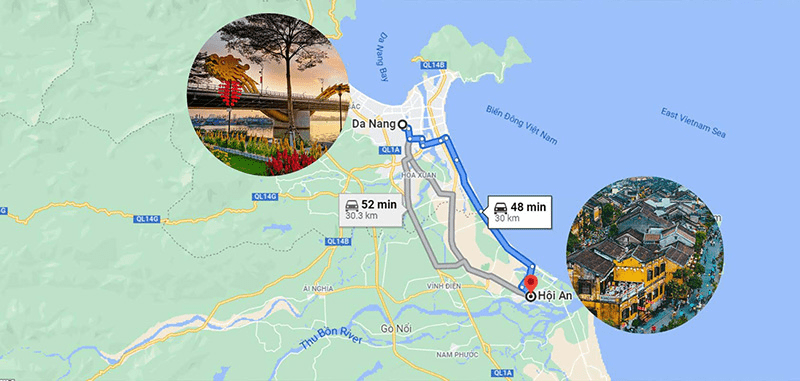 Use Google Maps to look up distance and Da Nang to Hoi An taxi cost