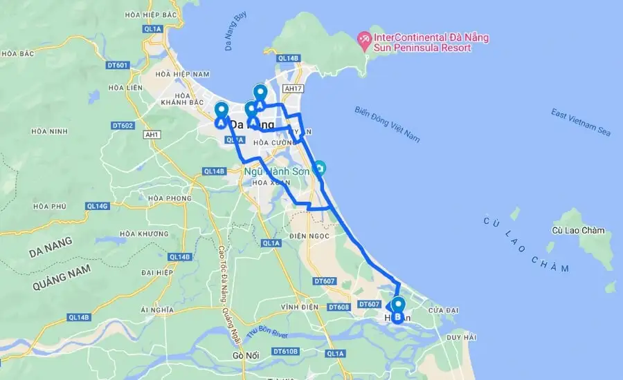 How far is it from Bana Hills to Hoi An?