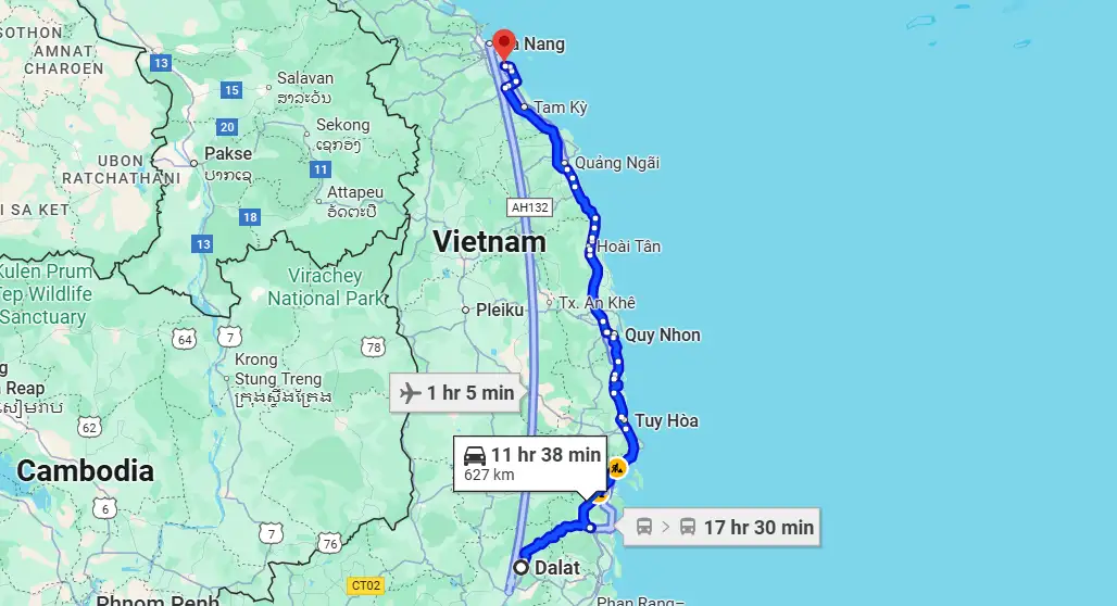 Geographical distance and travel time from Da Lat to Hoi An