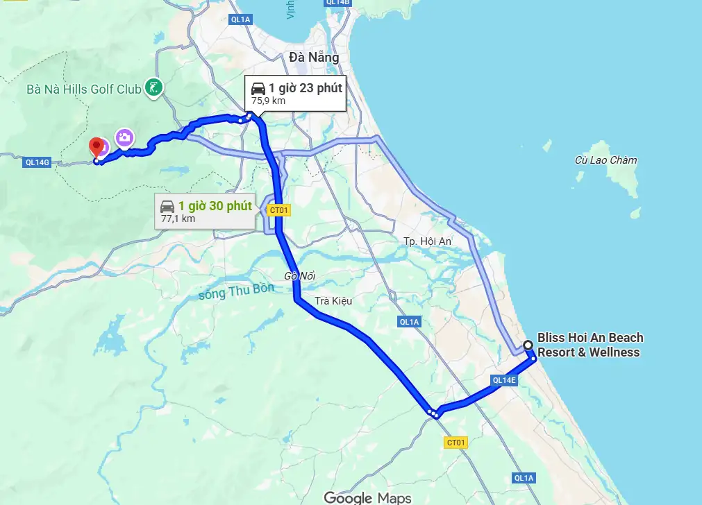 Distance between Bliss Hoi An Beach Resort & Wellness and Hoa Phu Thanh Waterfall