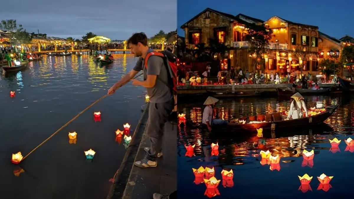Visitors releasing lanterns on the Hoai River during Tet in Hoi An