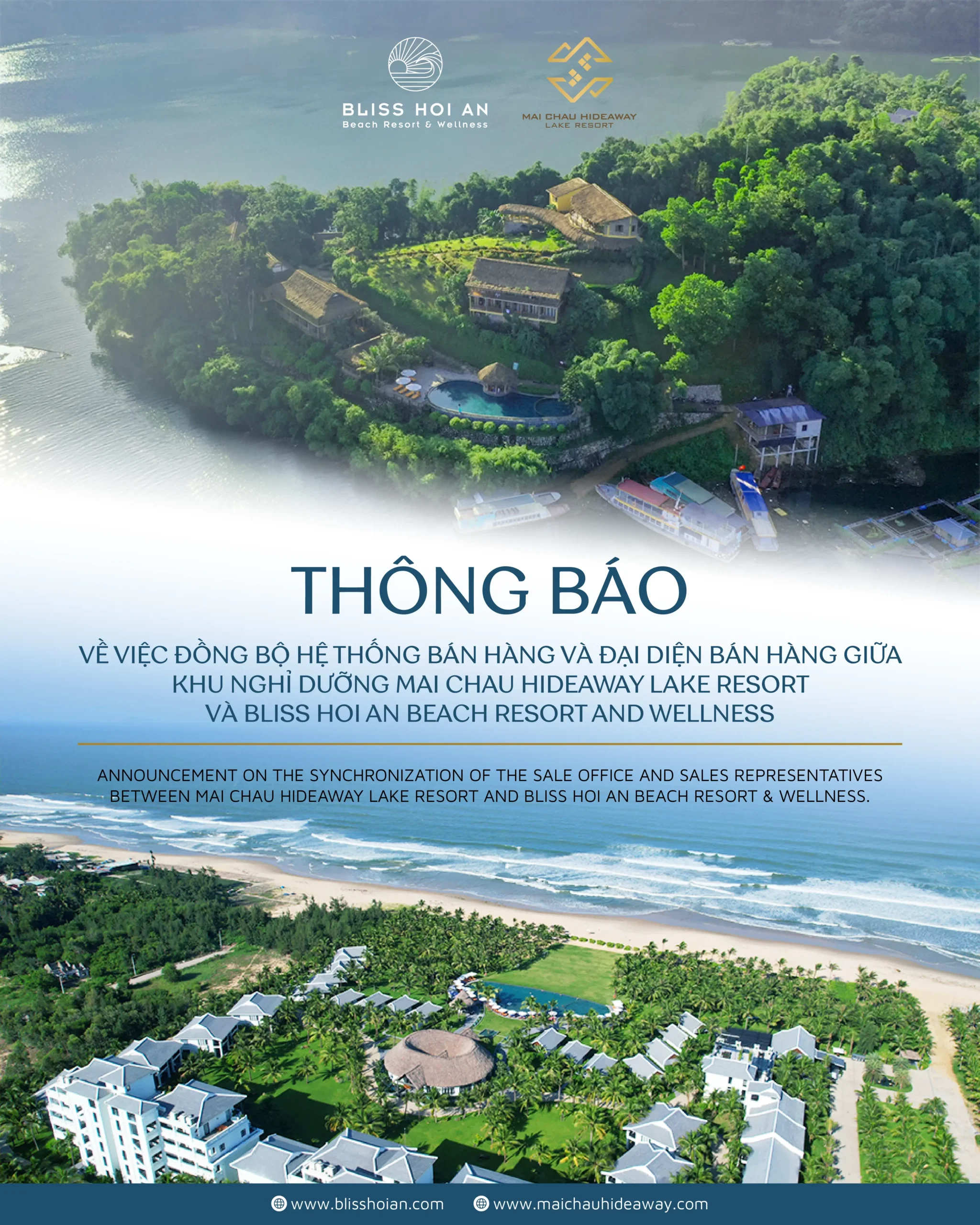 Thông báo đồng bộ hệ thống bán hàng giữa Mai Chau Hideaway Lake Resort & Bliss Hoi An Beach Resort & Wellness