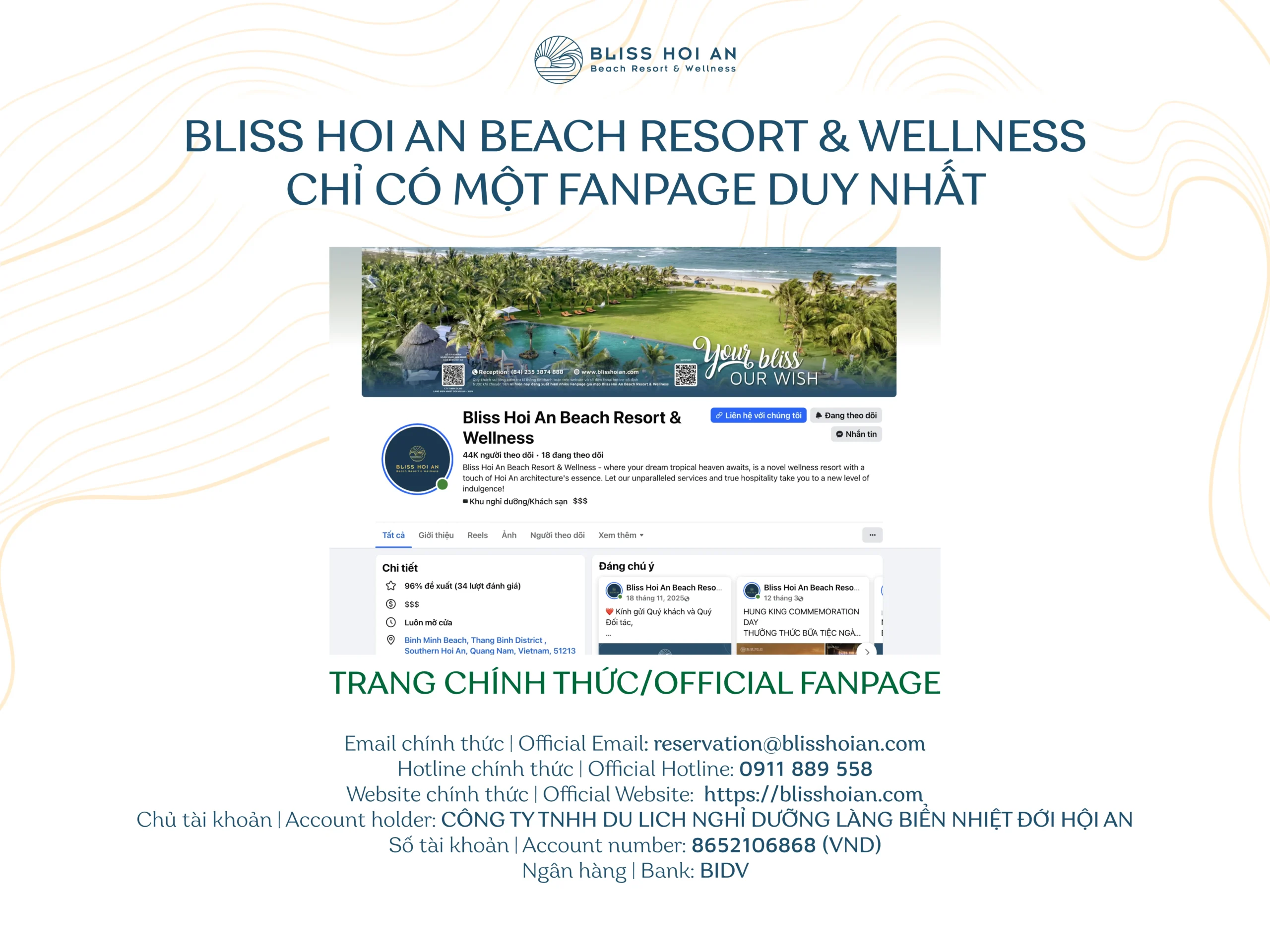 SCAM ALERT REGARDING FAKE FANPAGES OF BLISS HOI AN BEACH RESORT & WELLNESS