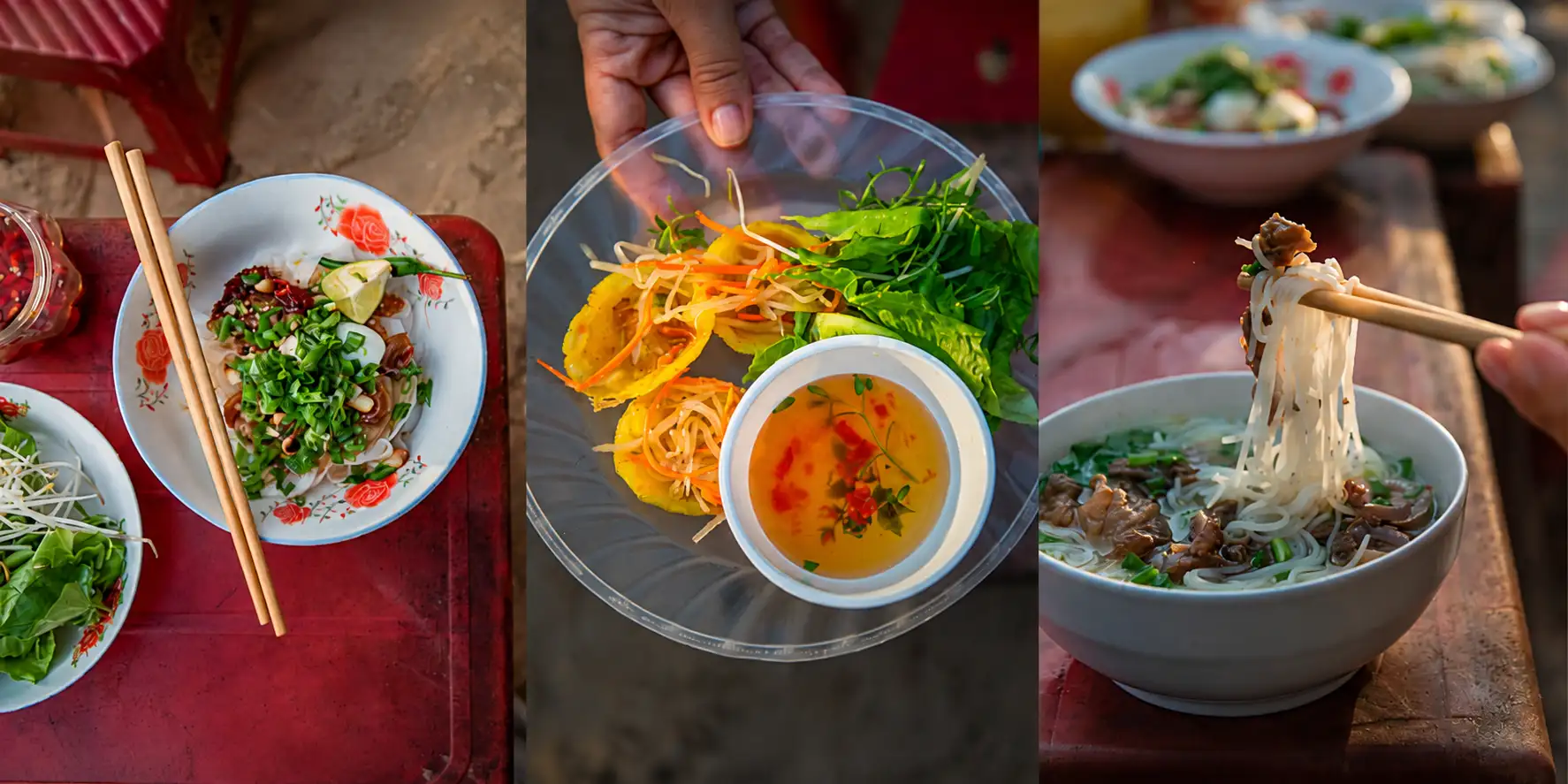 Enjoying rustic local dishes after visiting Tam Tien Fish Market (Source: Collected)