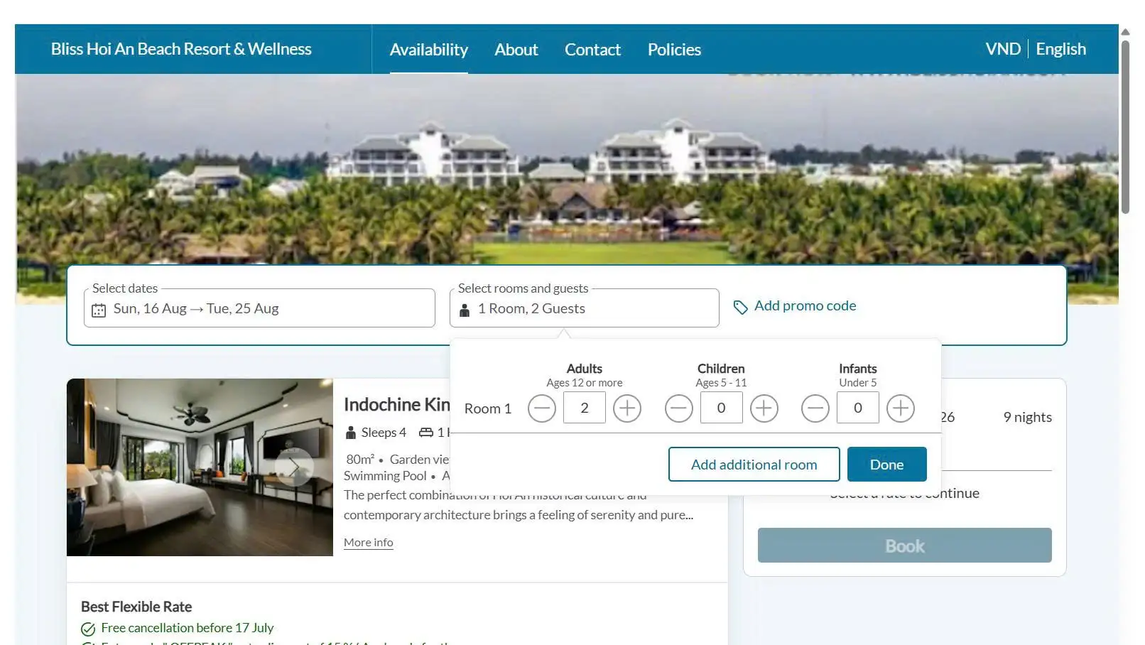 The website shows available room types and prices for your selected dates