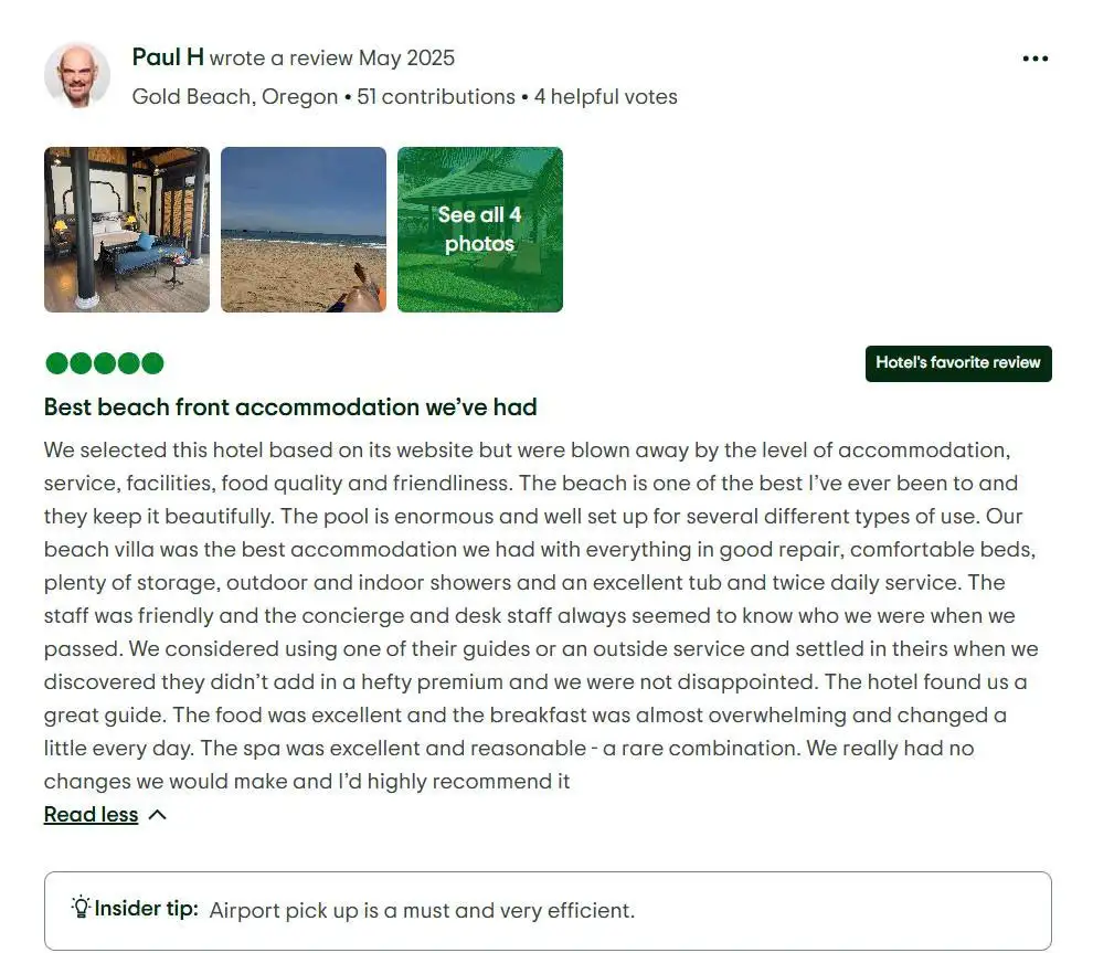 Guests have described being genuinely surprised by the level of accommodation, service, facilities, and food quality once they arrived
