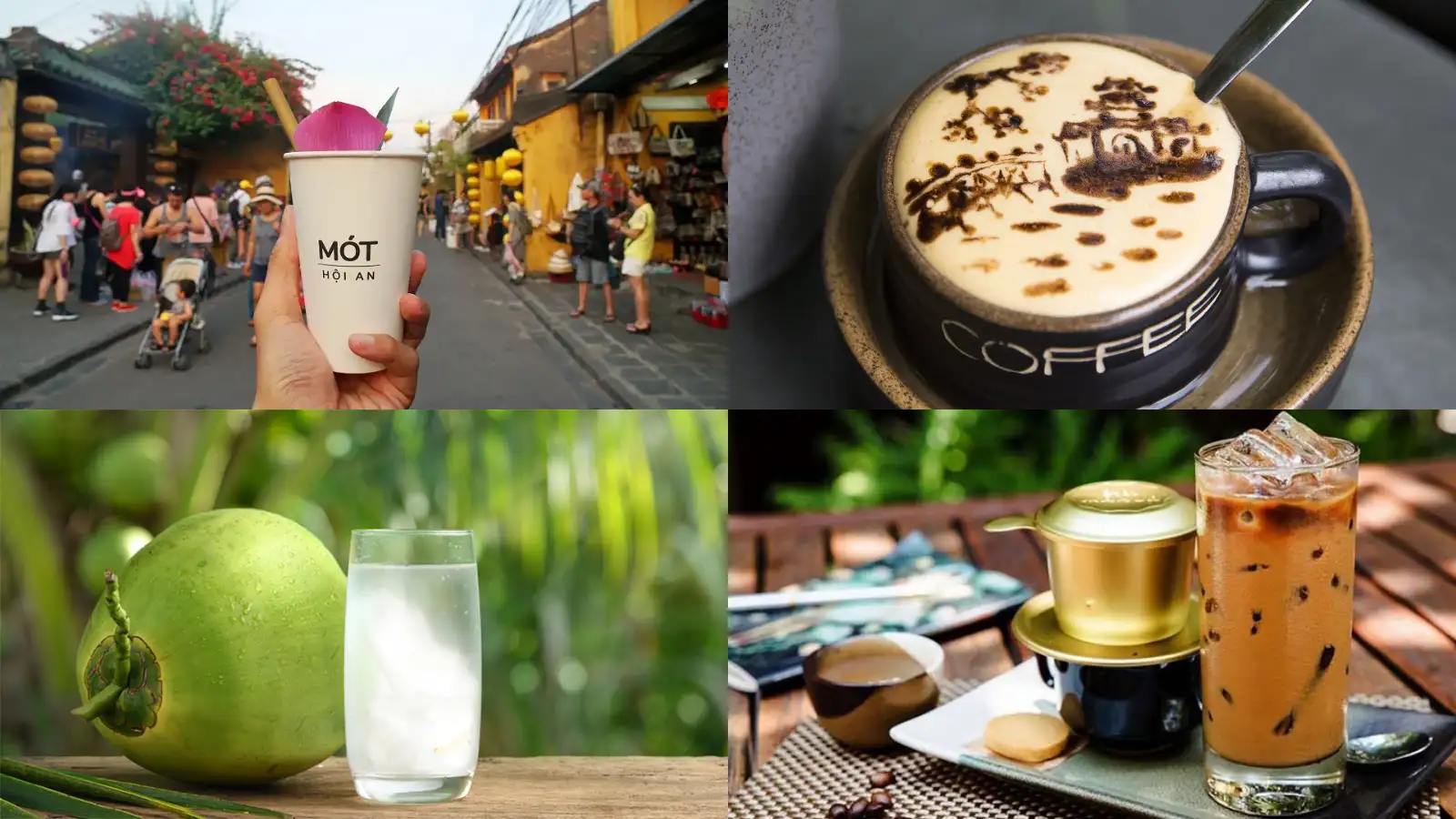 Comparaison des boissons populaires à Hoi An : boisson Mot, café aux œufs et eau de coco fraîche.