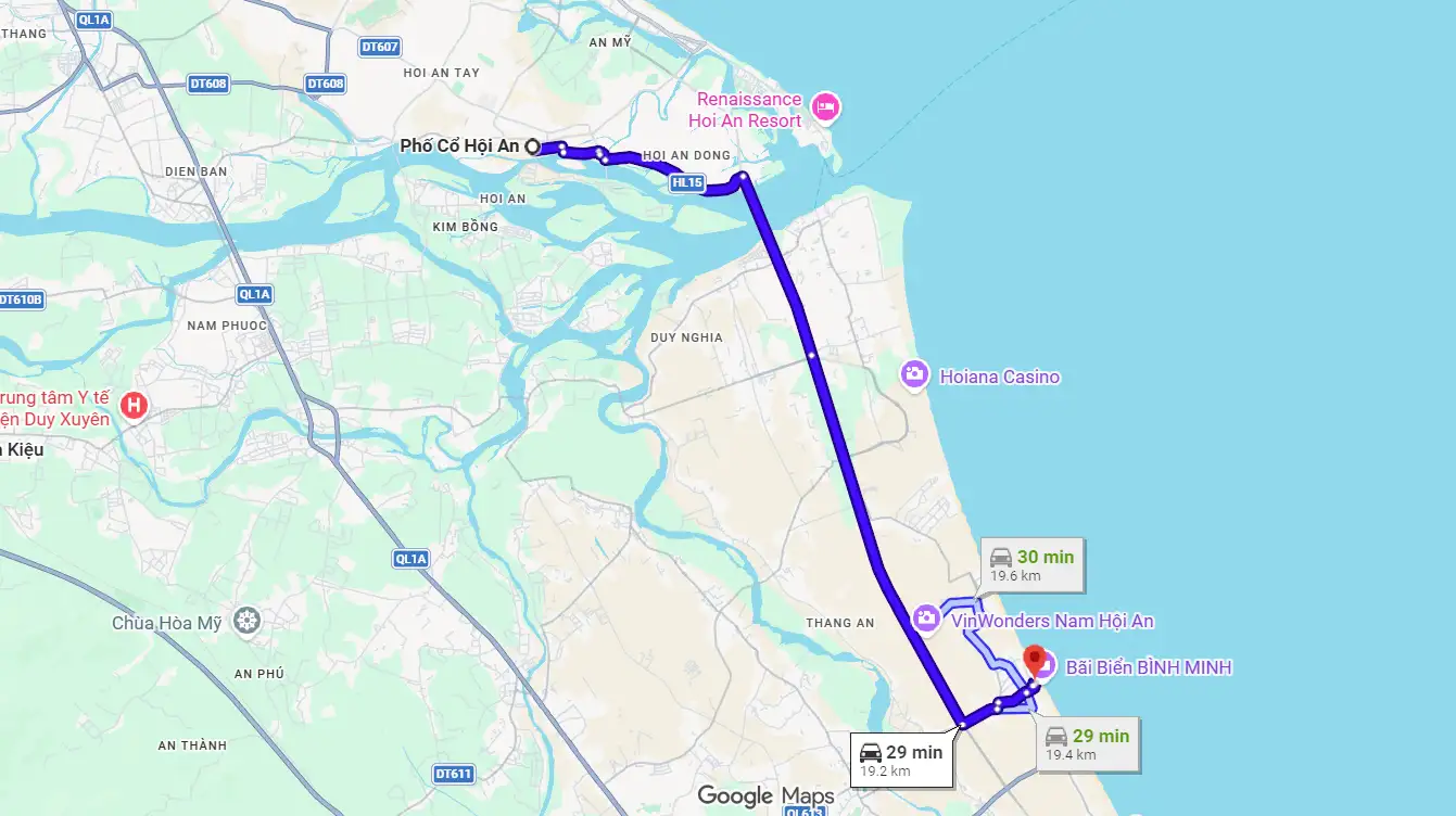 Map showing distance between Hoi An Old Town and Binh Minh Restaurant area 