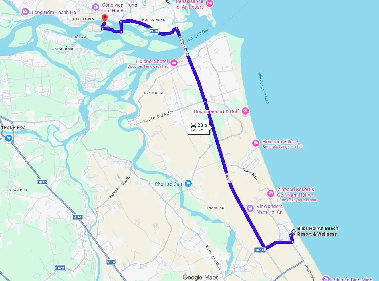  The route from Bliss Hoi An to Hoi An Memories Land near the Ancient Town, roughly 30 minutes by car