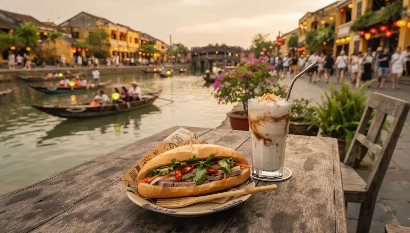 Banh mi and iced coconut coffee on a riverside table in Hoi An Old Town 