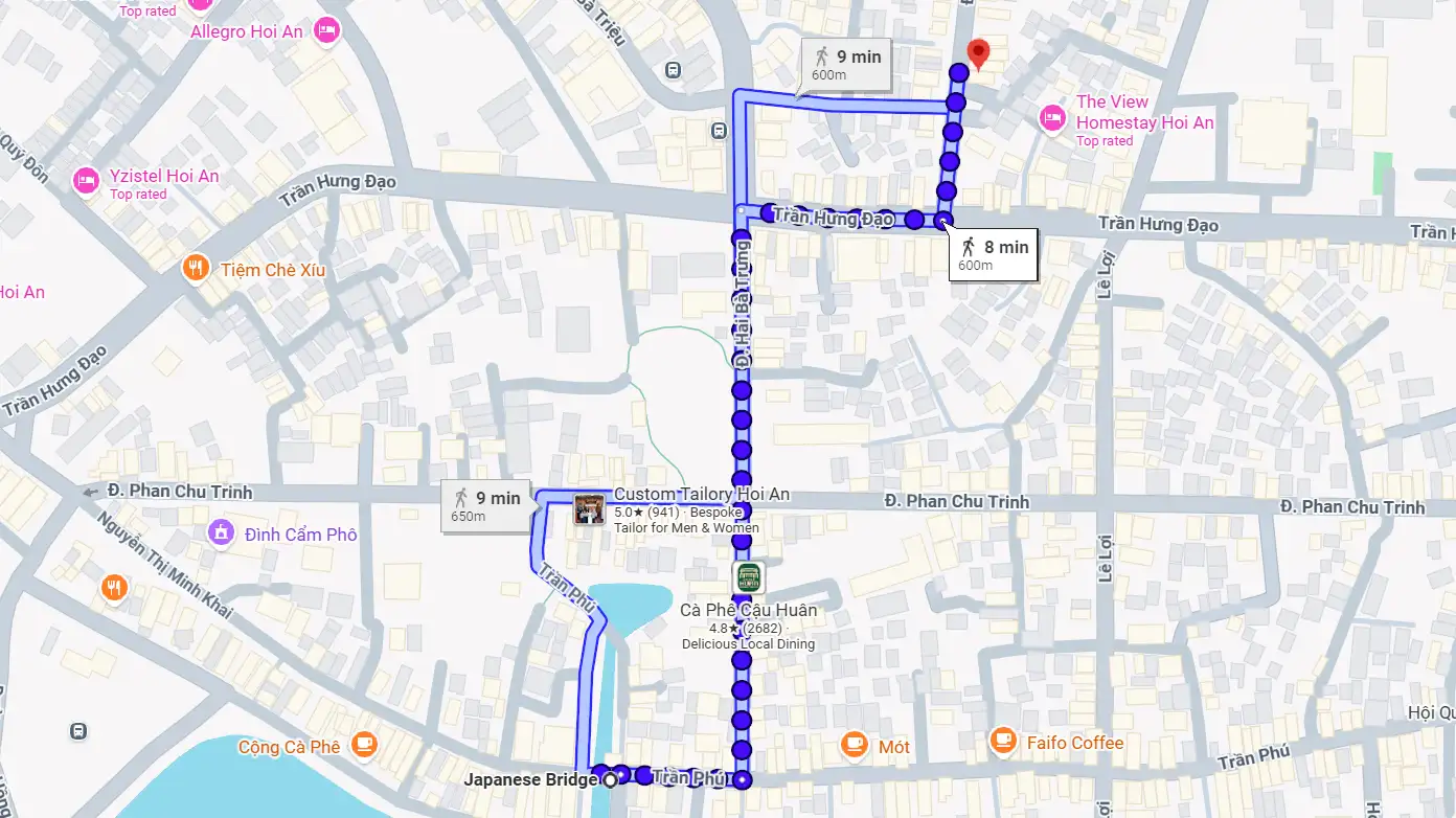 Walking route map from Japanese Covered Bridge to Madam Khanh banh mi shop 