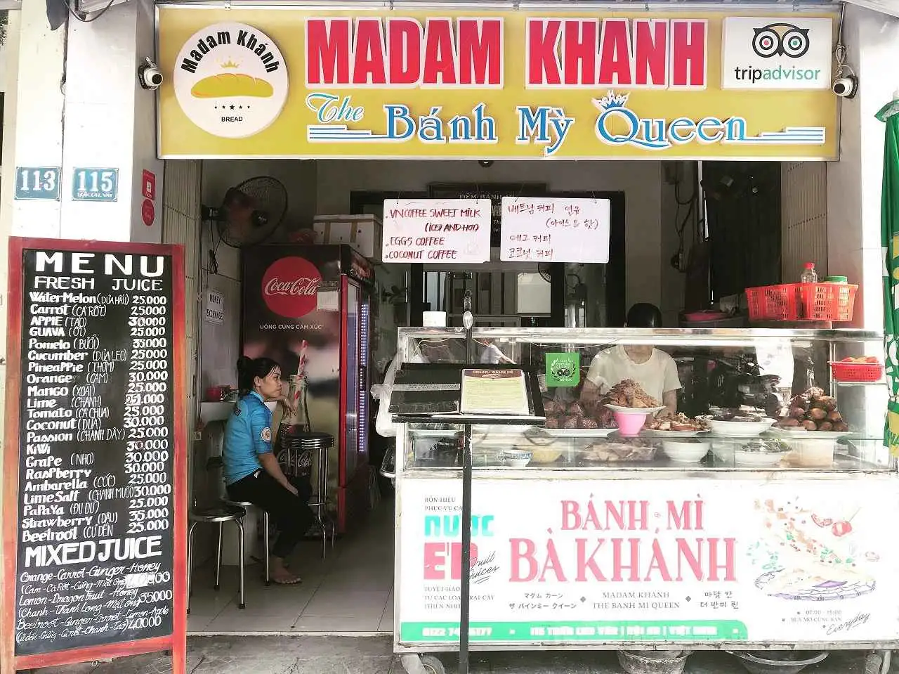 Cross-section of a Hoi An special banh mi at Madam Khanh showing fillings