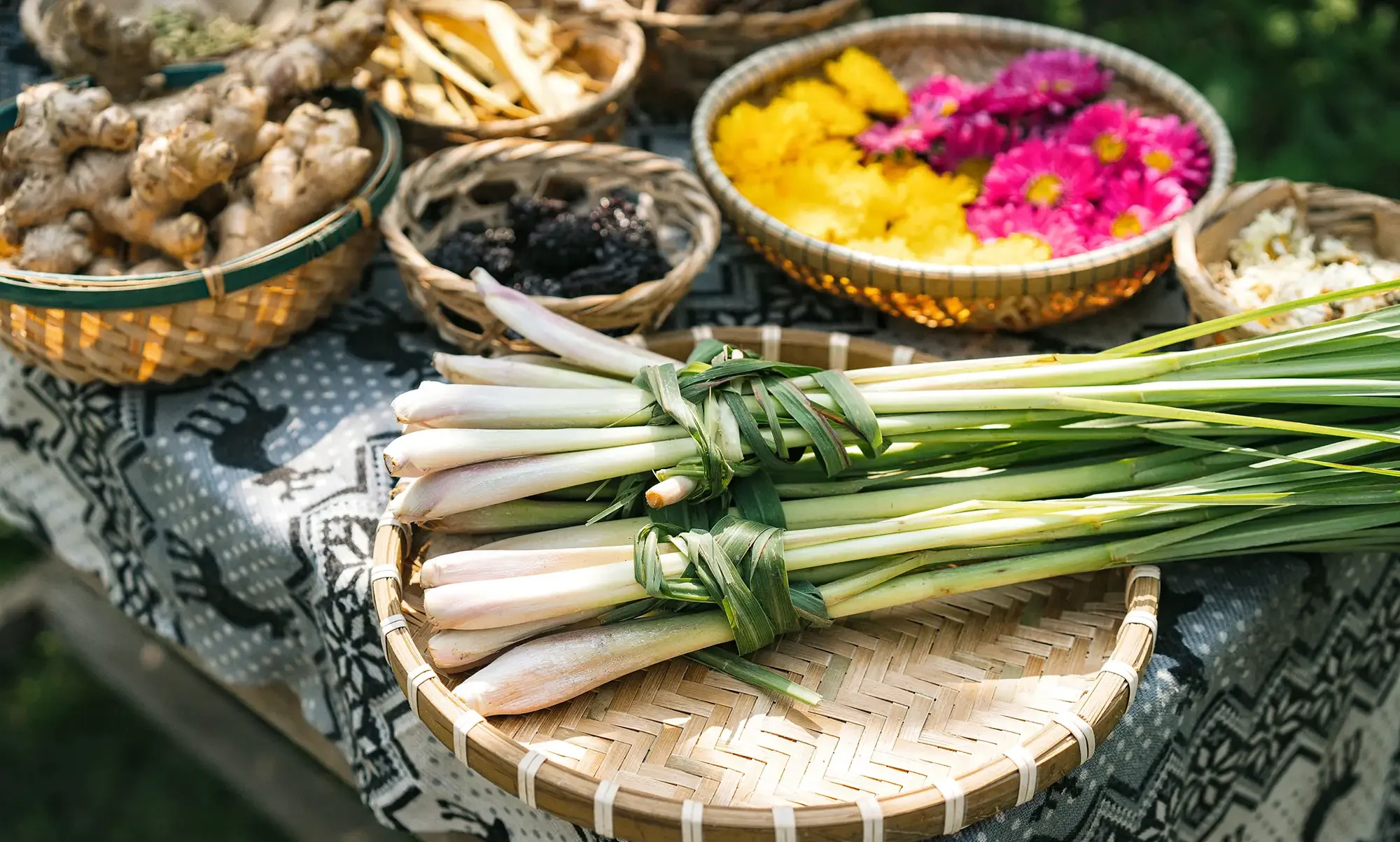 Ingrédients à base de plantes utilisés pour préparer la boisson Mot à Hoi An, incluant la citronnelle et la feuille de lotus