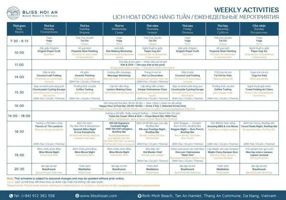 Daily schedule board showing meeting and activity blocks for a company retreat