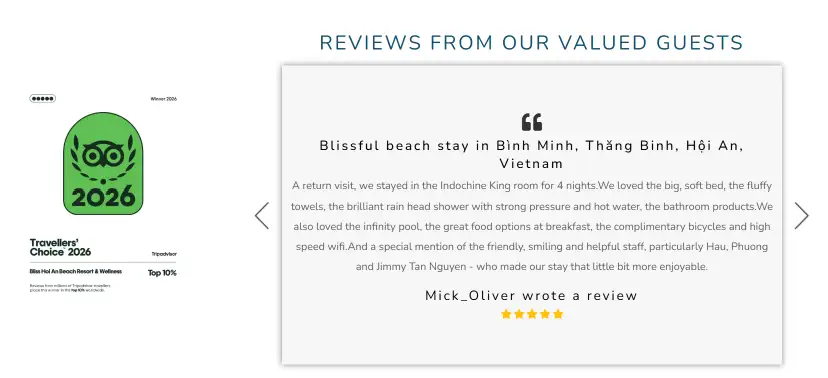 A TripAdvisor guest review highlighting the comfort of the Indochine King room and resort amenities