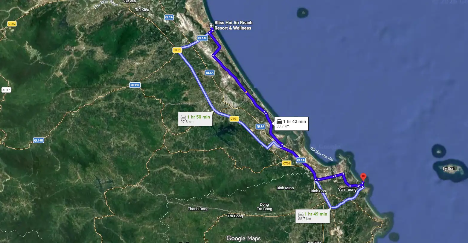 Route map from Bliss Hoi An Beach Resort & Wellness to Phuoc Thien