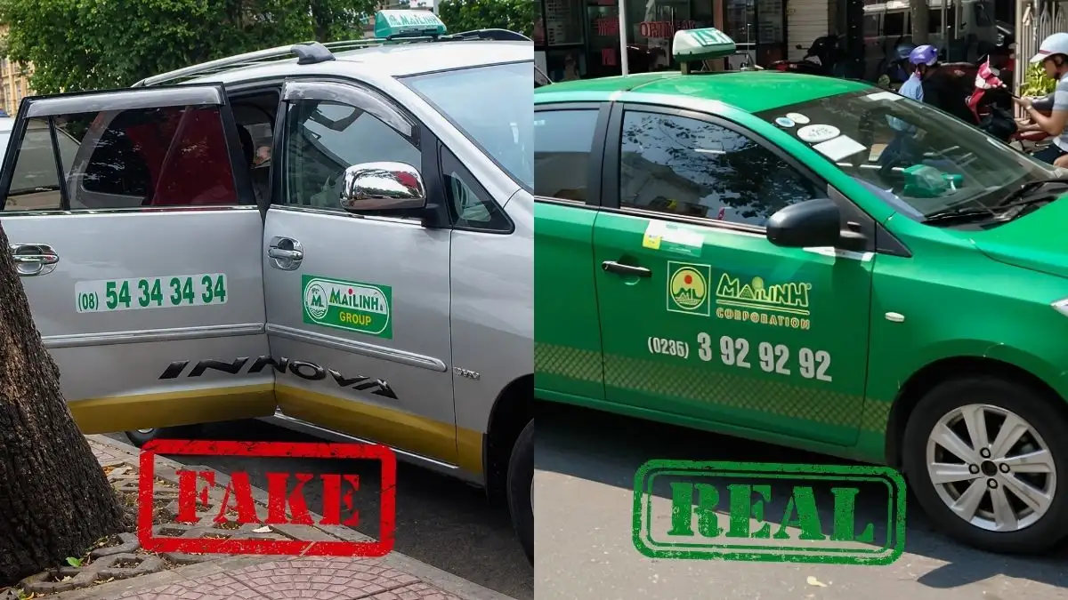 A taxi displaying a Mai Linh logo but using the phone number 08.54343434 may be a fake cab 