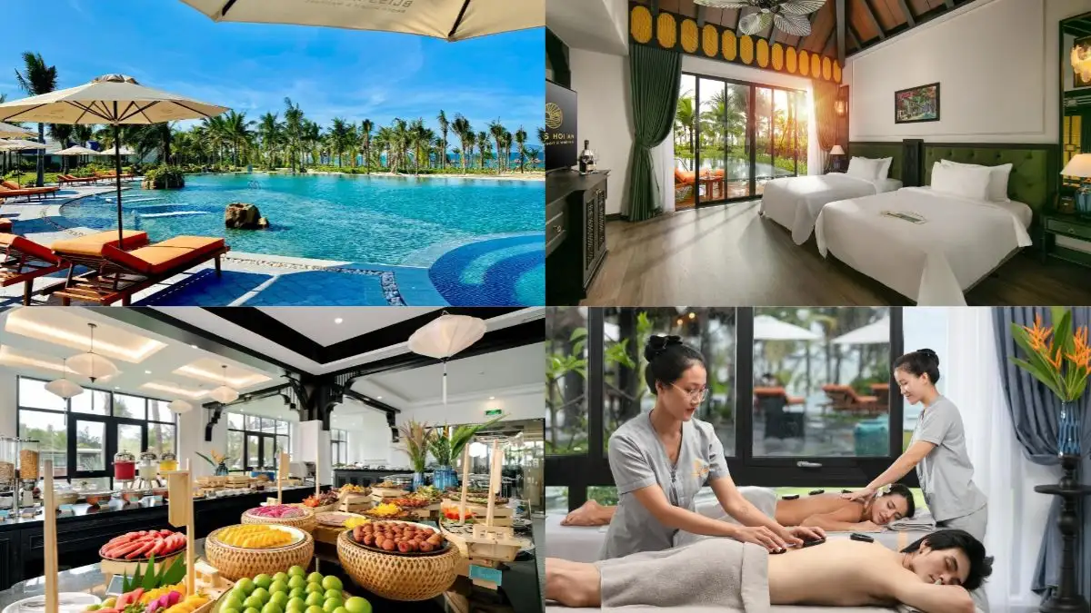 Stay at Bliss Hoi An Beach Resort & Wellness for a peaceful beachfront base before your Khuong My Cham heritage day trip
