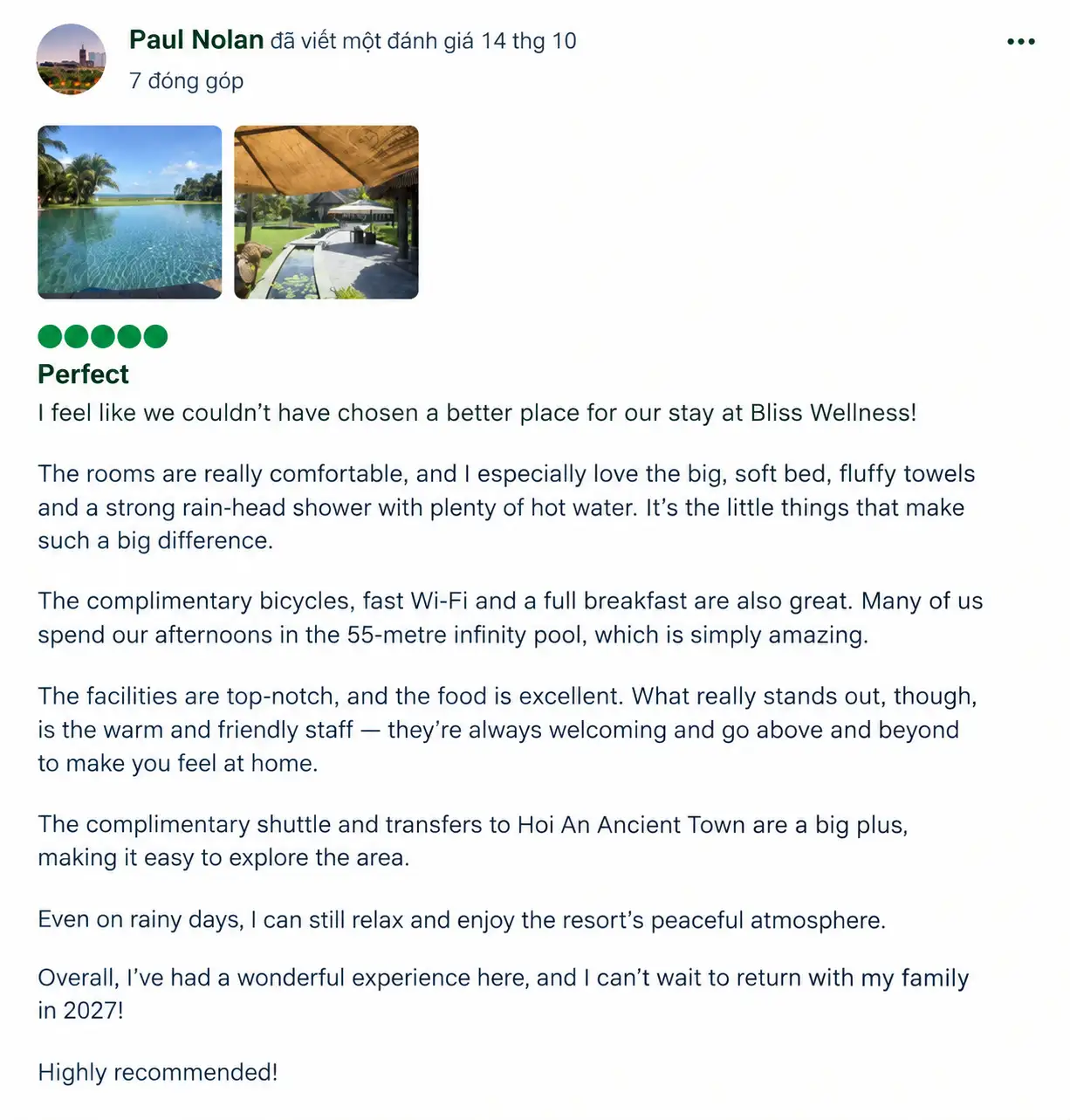Guests praise the resort’s peaceful setting, friendly service and convenient shuttle to Hoi An Ancient Town