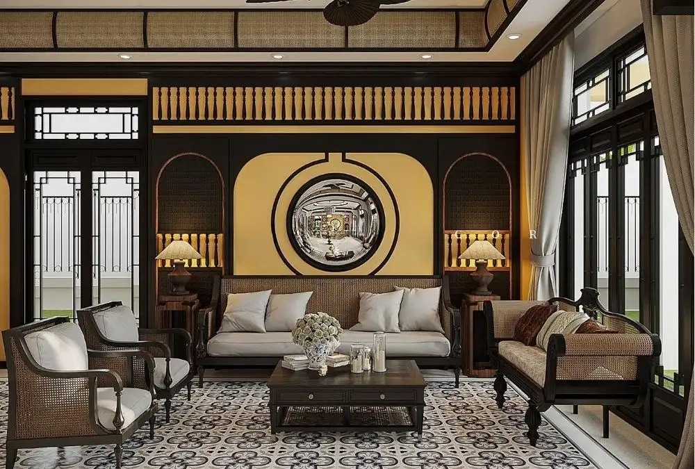 Indochine interior with dark wood furniture, rattan seating and patterned tiles (decoxdesign.com)