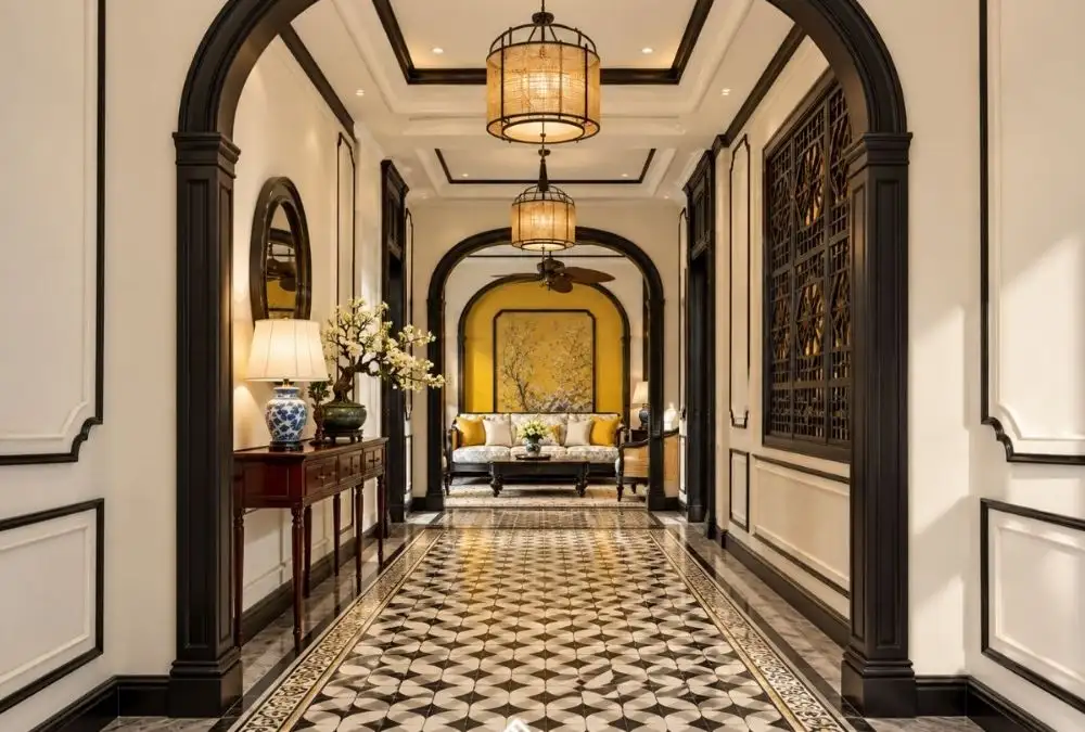 Indochine architecture blending European design elements with Asian cultural details in a resort interior (Source: Noi That Tu Gia)