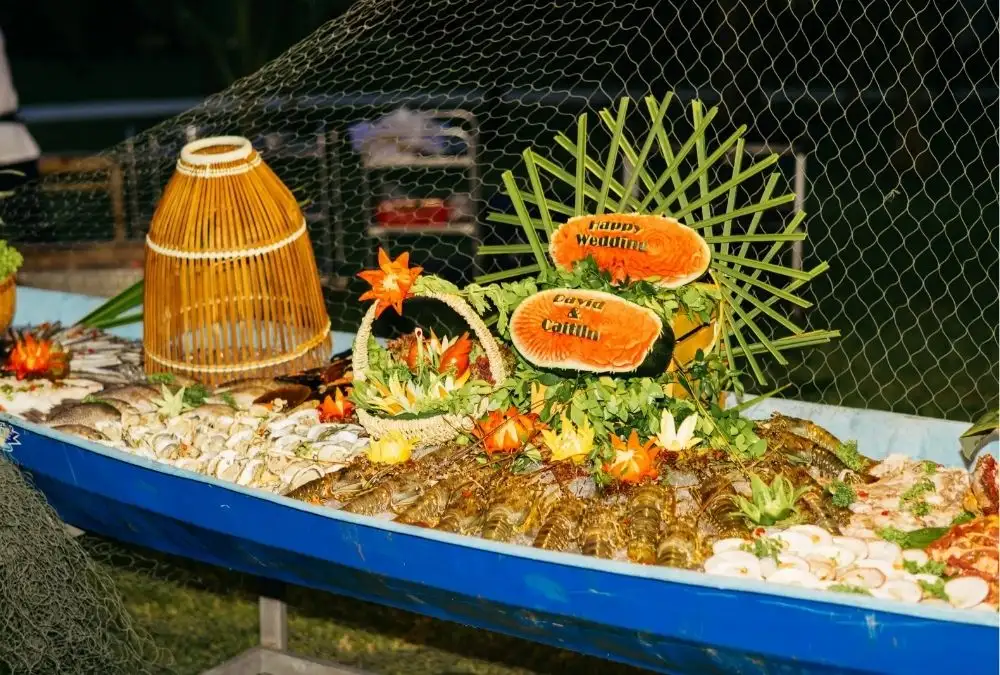 Vietnamese dishes served at an intimate beach wedding reception in Hoi An
