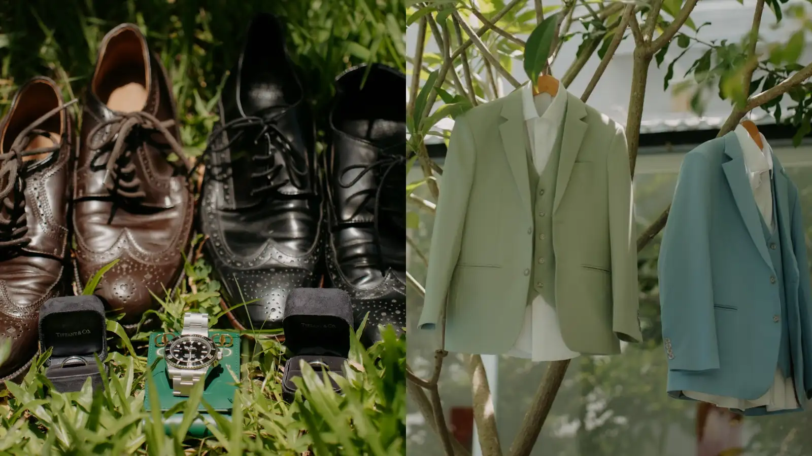 Leather shoes, ring boxes and a watch laid out on the greenery, with the sage green and dusty blue suits hanging in the trees