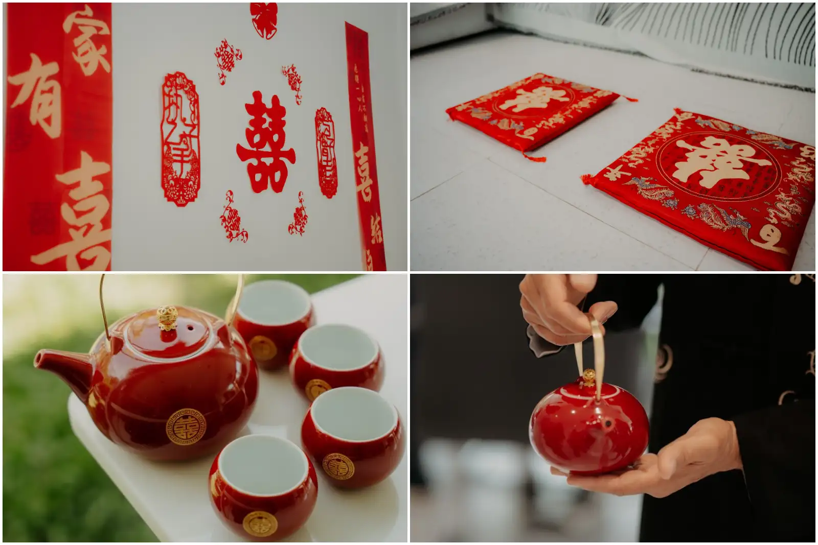Double happiness papercuts, red cushions and a crimson teapot set the scene for the tea ceremony